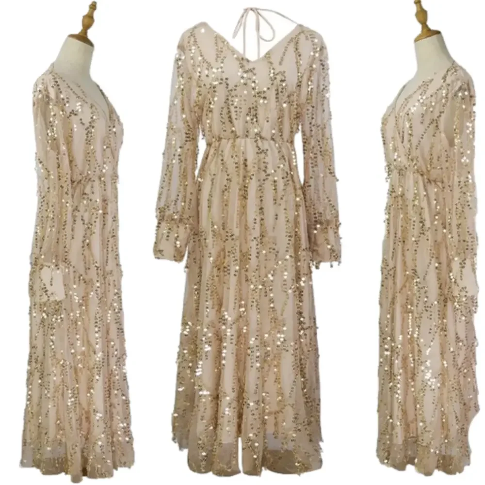 Women’s midi sequin evening gown dress size Medium cream gold sparkle